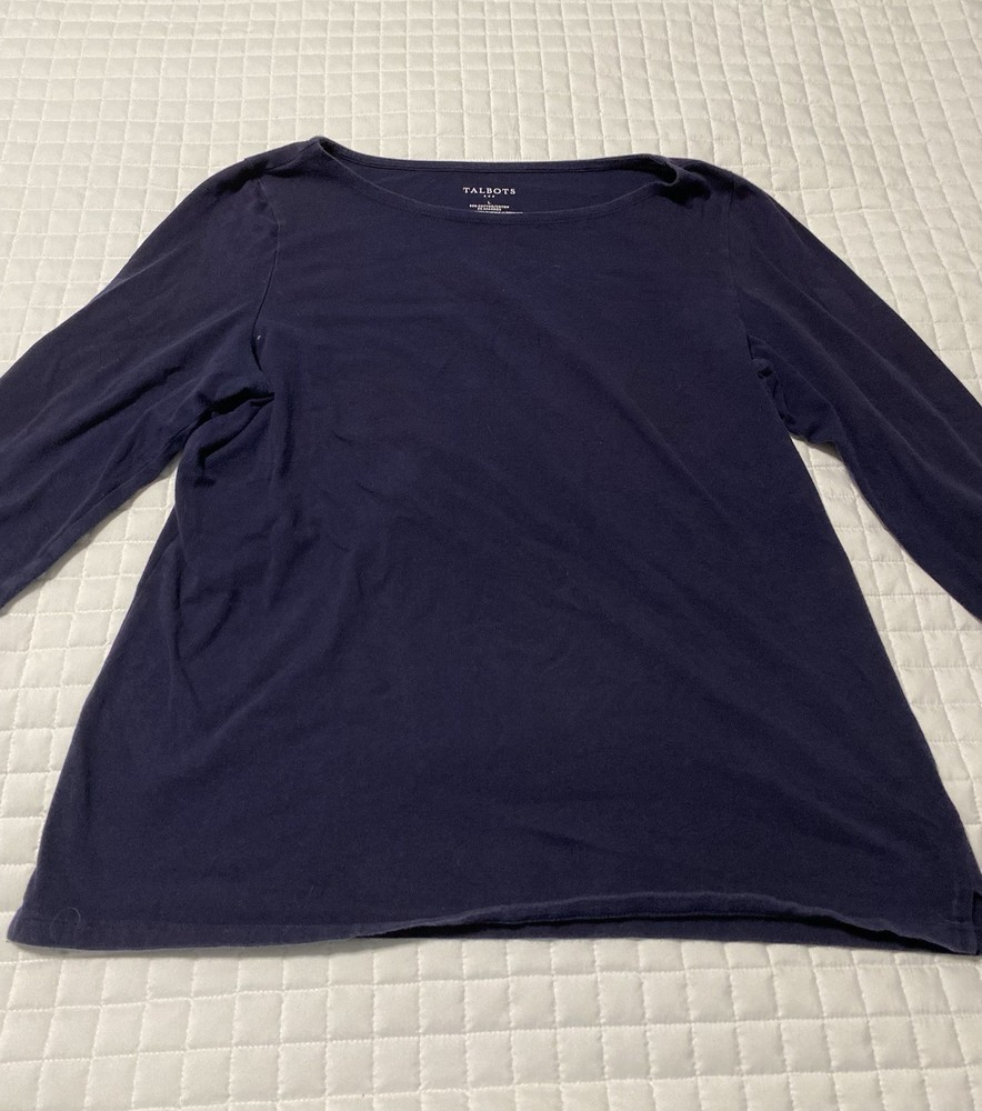 Talbots Womens Large Solid Navy Blue Boatneck Long Sleeve Tee Cotton Spandex Top