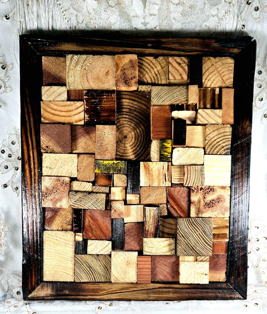 Wood Mosaic Wall Art Rustic Hand Crafted Recycled Wood Framed 12.5