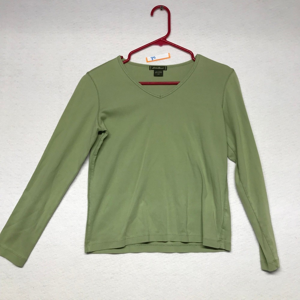 Eddie Bauer Womens XS Green V Neck Long Sleeve Cotton Shirt Top