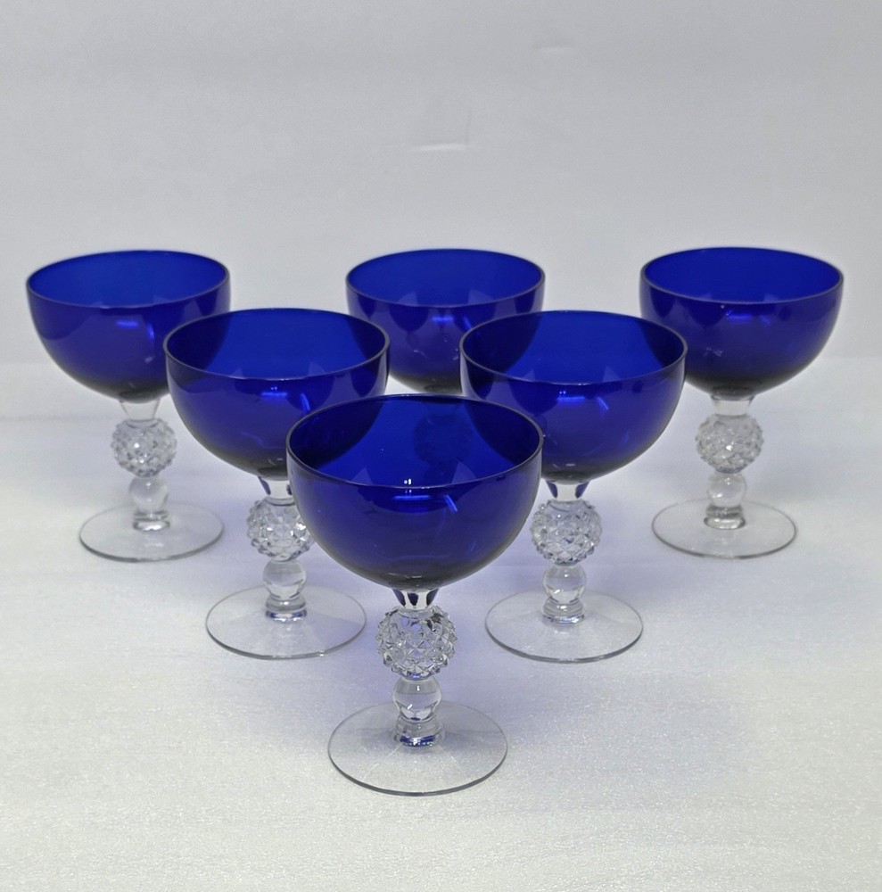 Set Of 6 Vintage Morgantown  Ritz Blue Golf Ball Cobalt Blue Champagne Glasses