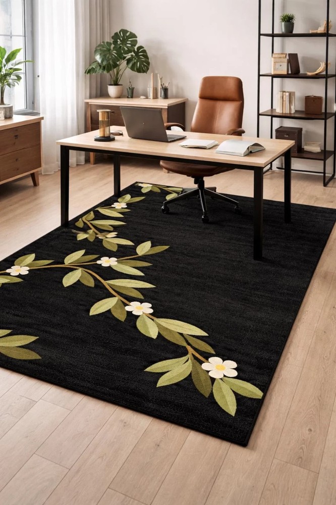 Hand Tufted Wool Rug Black Floral Botanical Leaf Design Area Rug Handmad Carpet