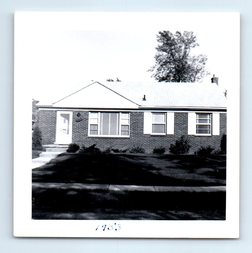 Old Vintage Square Photo BRICK HOUSE STREET SCENE 1953 LAWN SIDEWALK SNAPSHOT