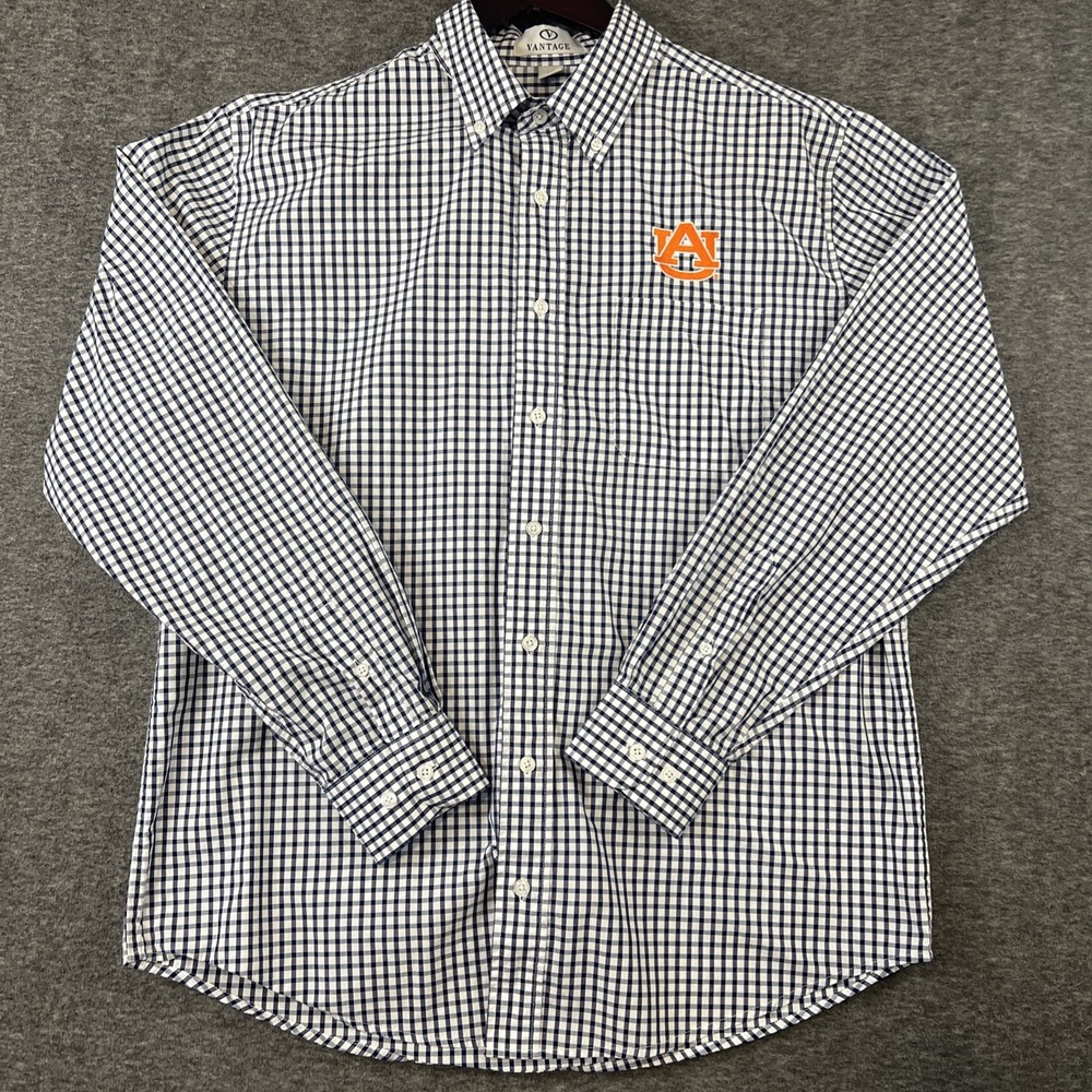 Vantage Auburn University Men's Large Blue White Plaid Long Sleeve Button Down
