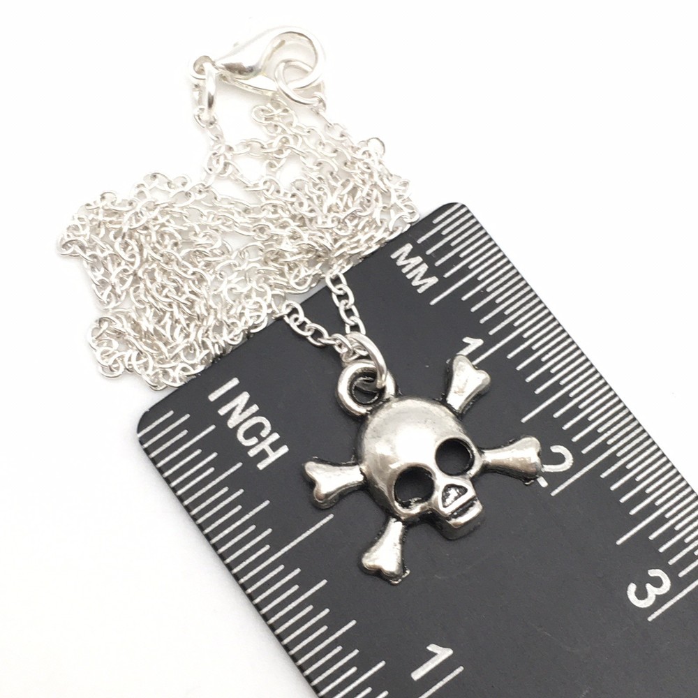 Silver Tone Costume Skull & Crossbones Charm Pendant Chain Necklace 18” #20