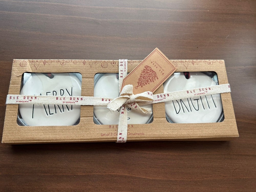 Rae Dunn By Magenta Set Of 3 Ceramic Ornaments. Merry, Bright & Tree. New!