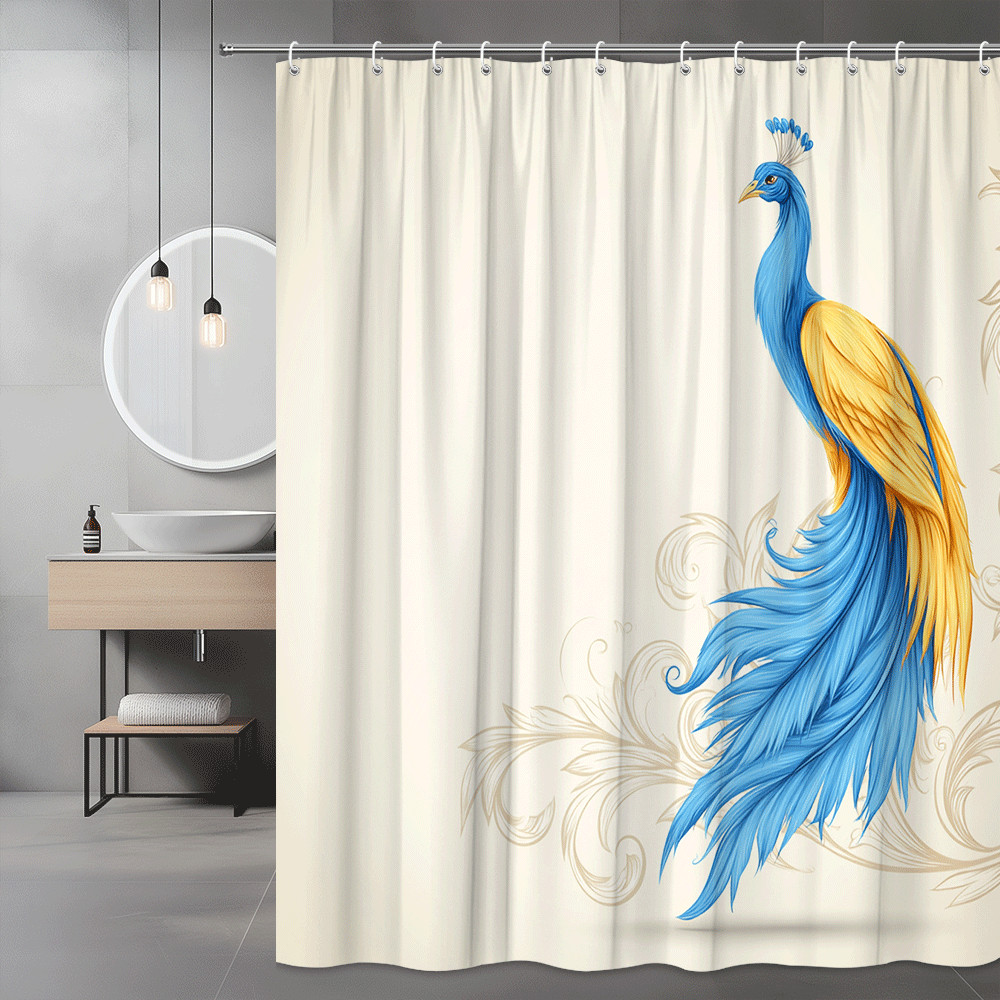 Blue Gold Peacock Shower Curtain Bird Floral Print
