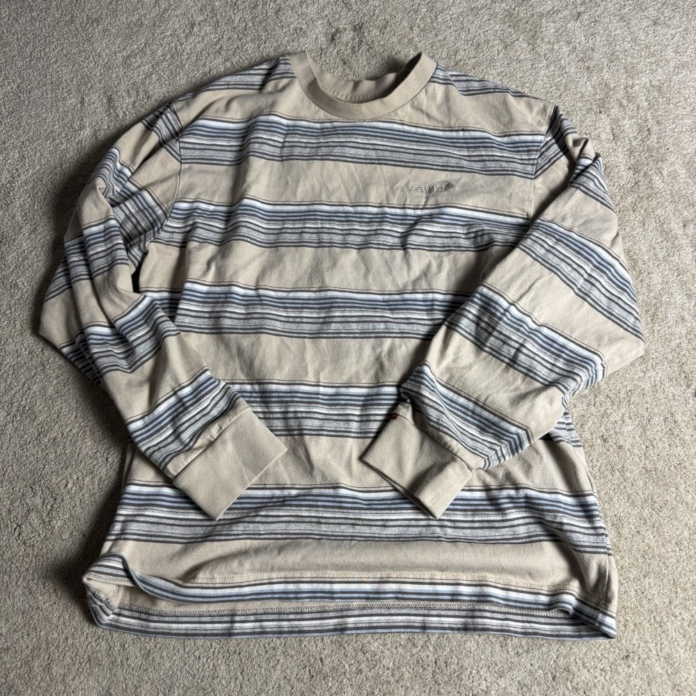 Levis Mens Crew Neck Long Sleeve Striped Shirt Small Relaxed Beige