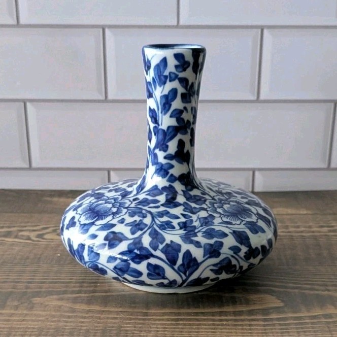 Vintage Thai Handmade Blue and White Porcelain Vase