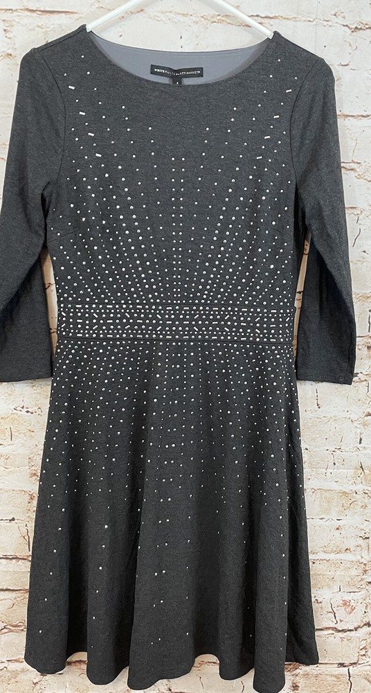 WHBM White House Black Market Dress women 4 fit flare ponte embellished 3/4 slv