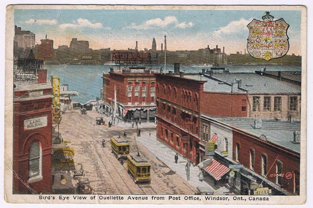 Postcard Windsor Ontario Ouellette Avenue From Post Office Trolley Cars