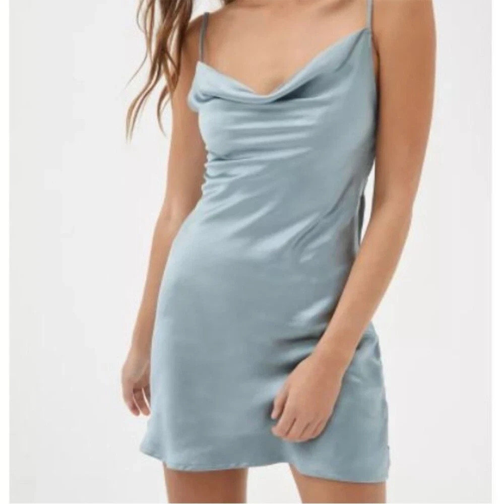 NWT Motel Urban Outfitters Satin Tie Back Slip Dress Silvery Blue Y2K Size XXS