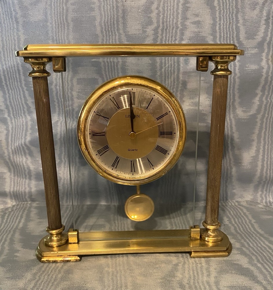Vintage  Linden    Brass & Glass Mantle Deak Clock