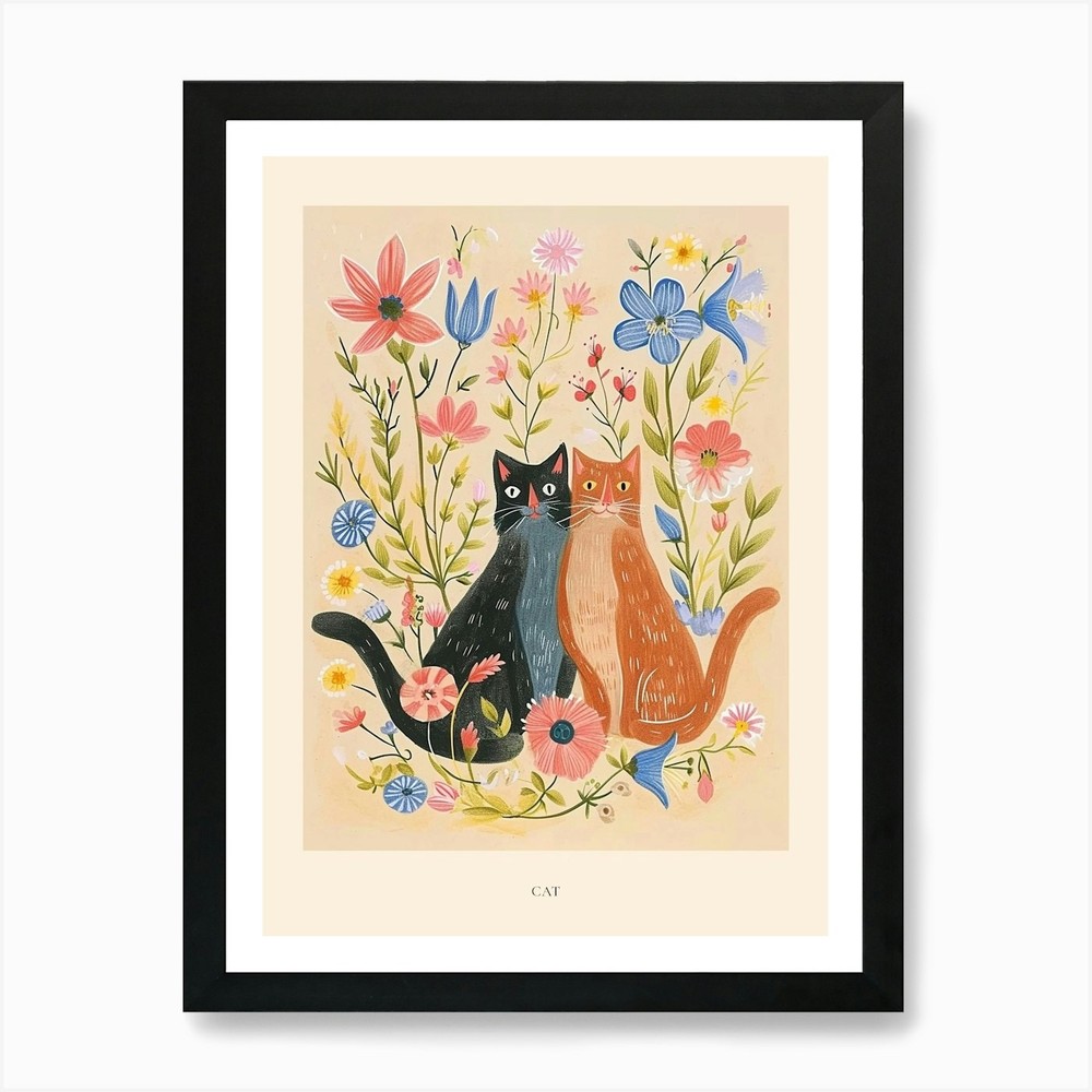 Folksy Floral Cat Art Framed Canvas Wall Decor