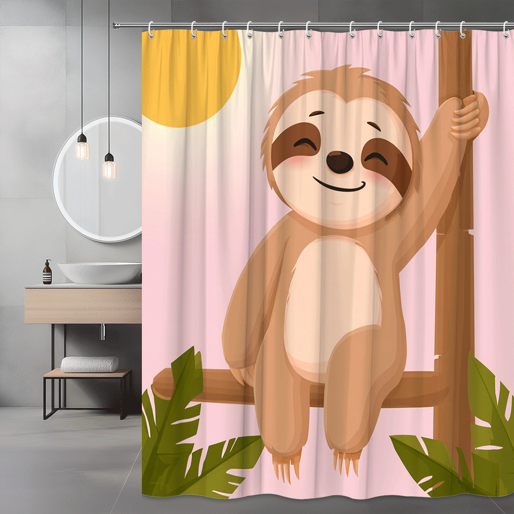 Cute Sloth Shower Curtain Pink Jungle Leaf Print
