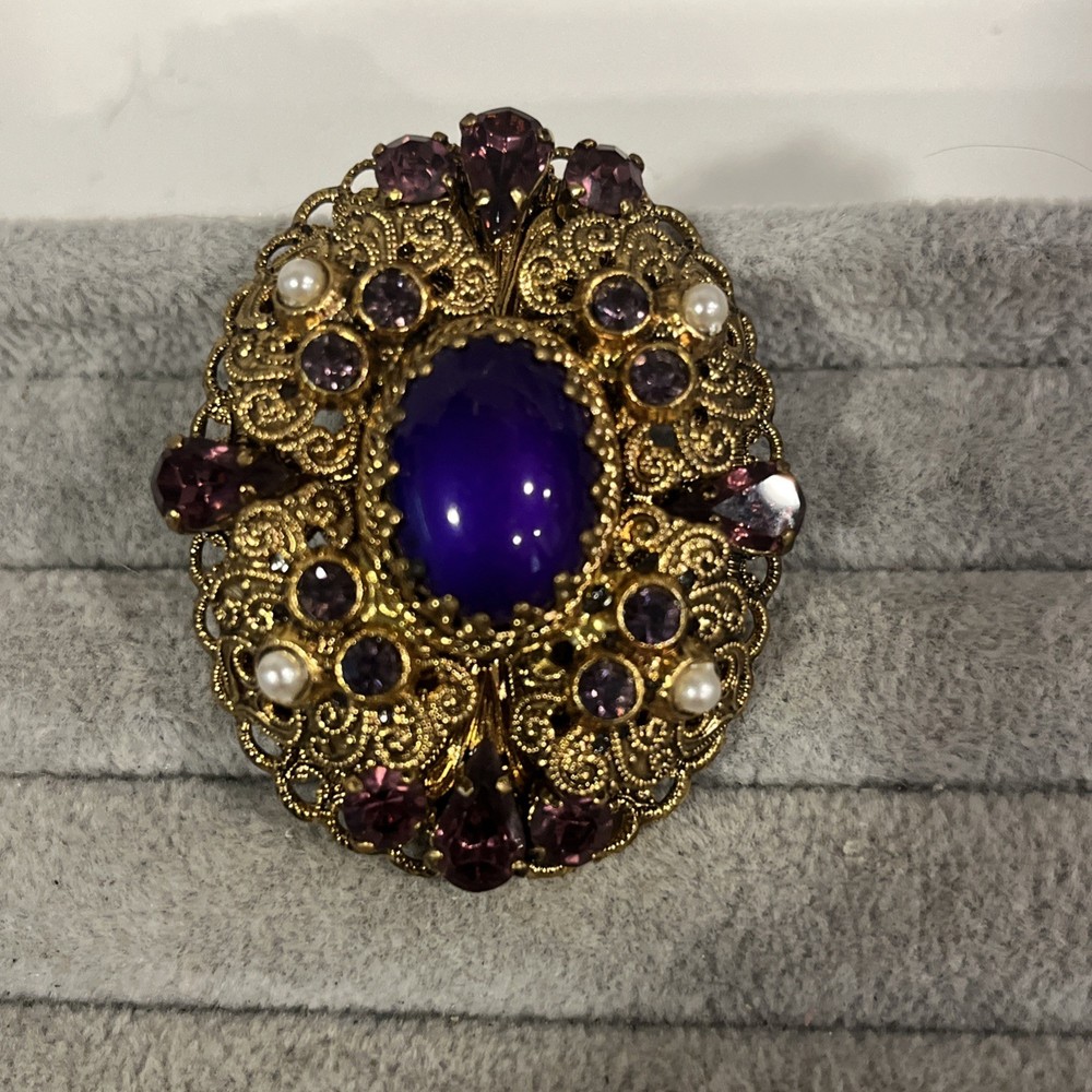 Vtg W German Filigree & Rhinestone Brooch Rare Find