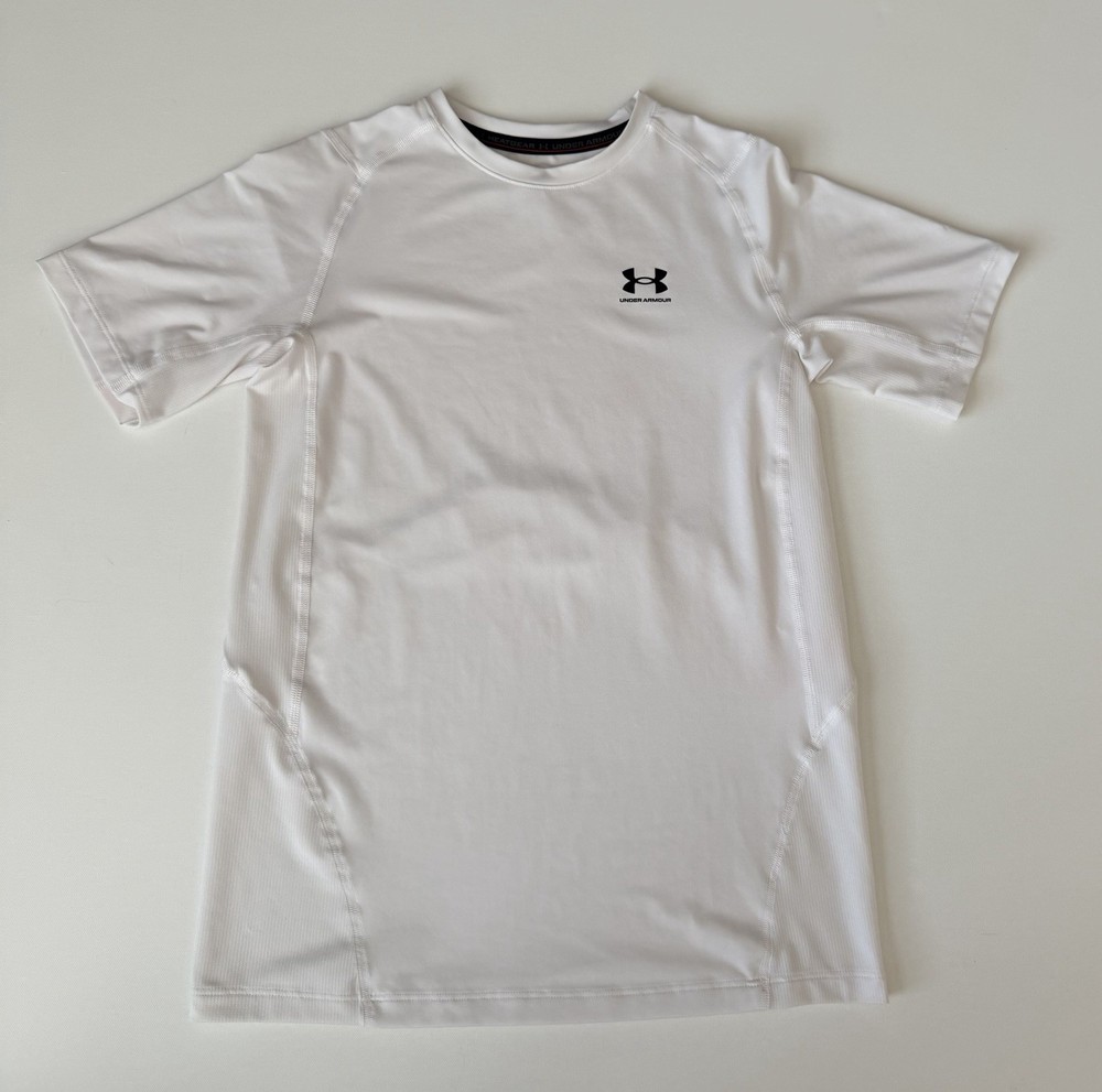 Under Armour Heat Gear Shirt Fitted Youth Extra Large White With Black Logo