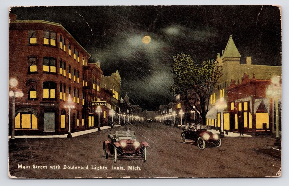 c1908~Ionia Michigan MI~Main Street~Night~Hotel~Full Moon~Antique Postcard