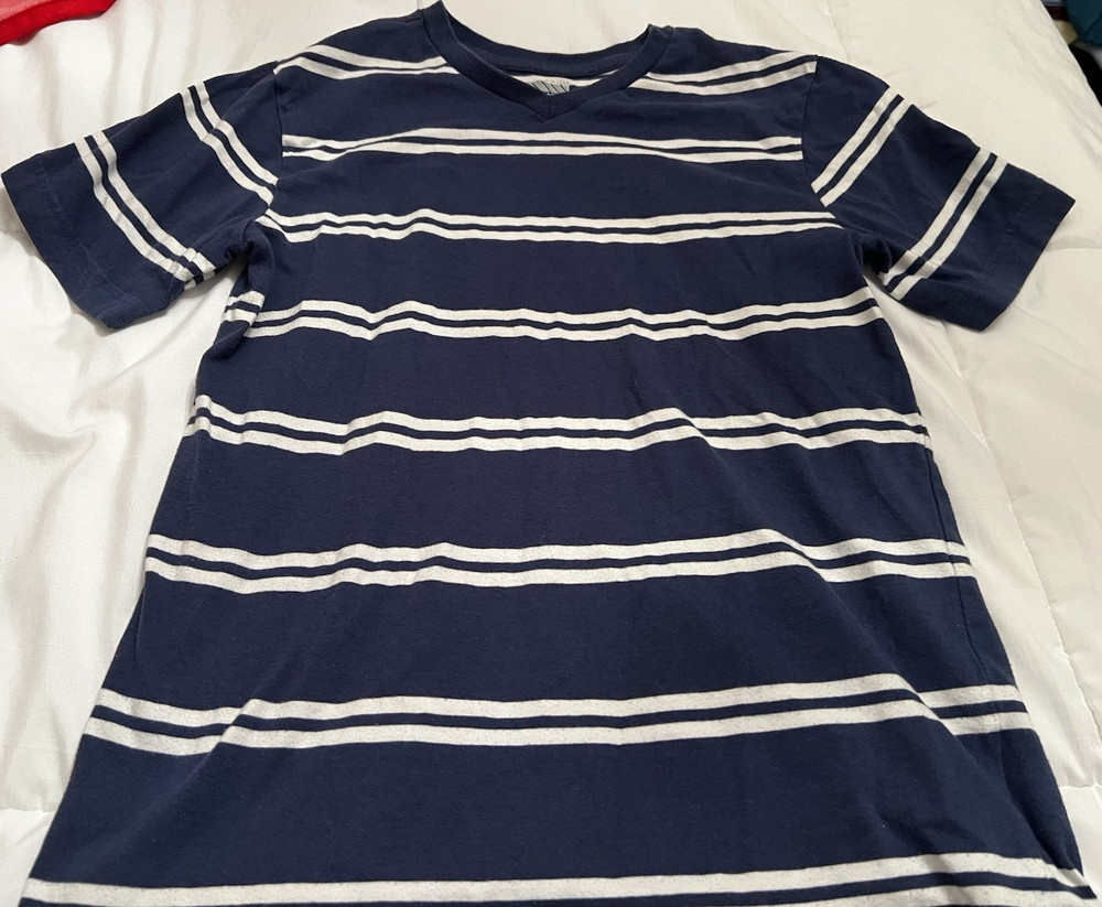 Old Navy Boys Navy White Striped Crew Neck Short Sleeve T-Shirt L (10-12)