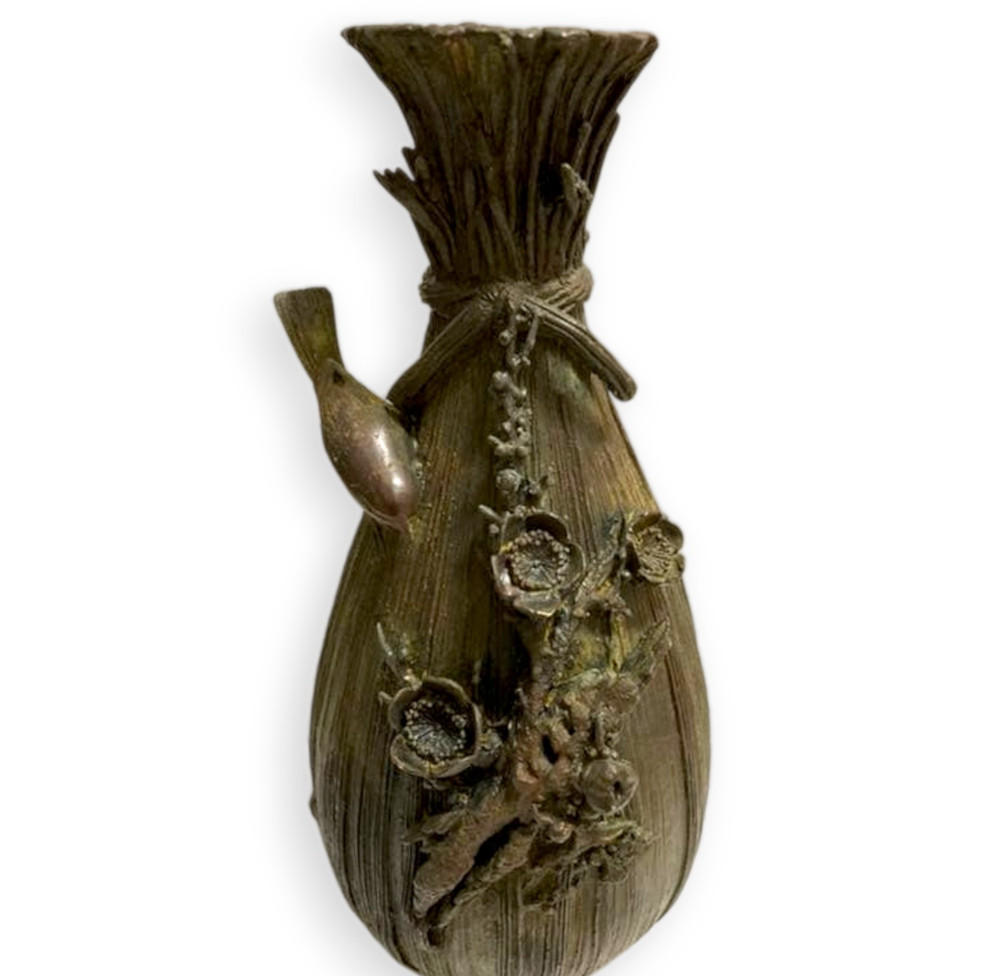 Japanese Bronze Vase Vintage Metal Jar Vessel Bird Sculpture Signed 9.8 inch