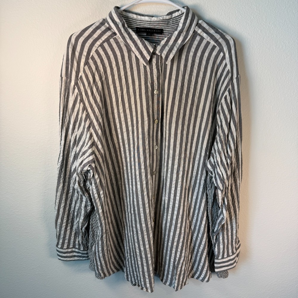 Jane & Delancey Womens Blue White Stripe Button Down Tunic Blouse Size 2X Preppy Style