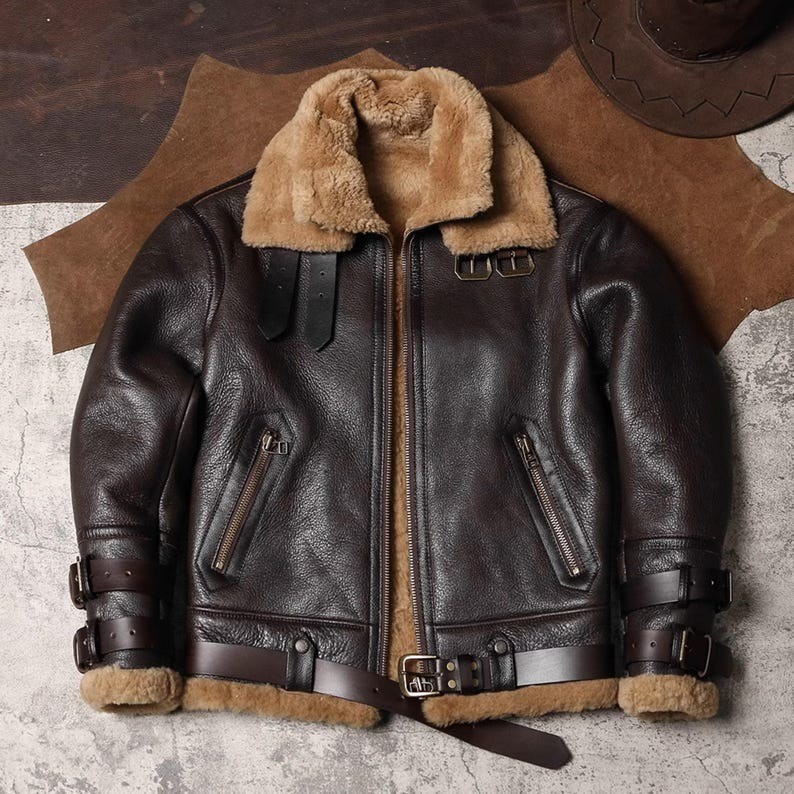 Men’s Brown B3 Aviator Bomber Jacket Sheepskin Leather Shearling Fur flight Coat