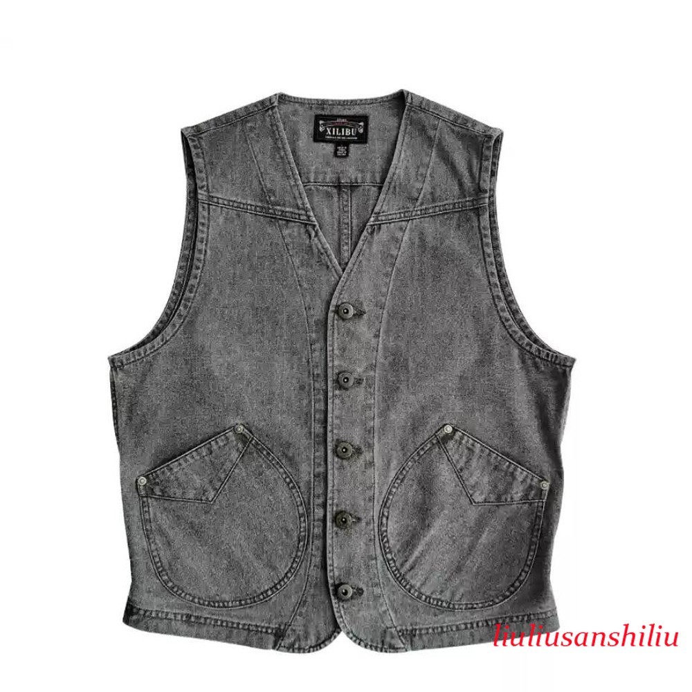 Men's Work Vest Vintage Casual Jacket Slim Waistcoat Cotton Coat Top Gray