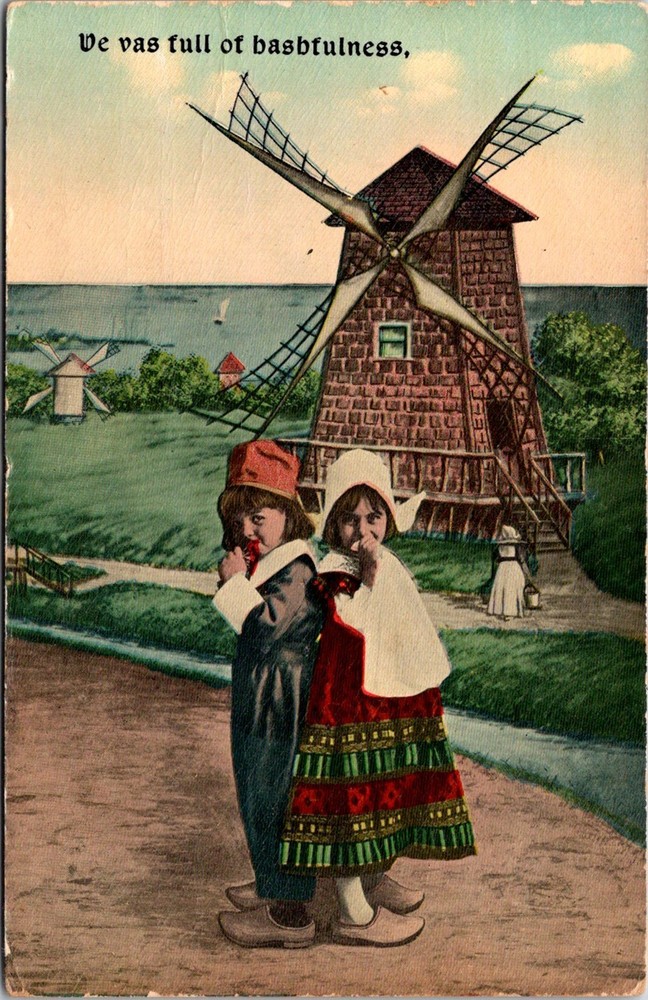 Vintage Windmill Postcard with Children in Traditional Dress,