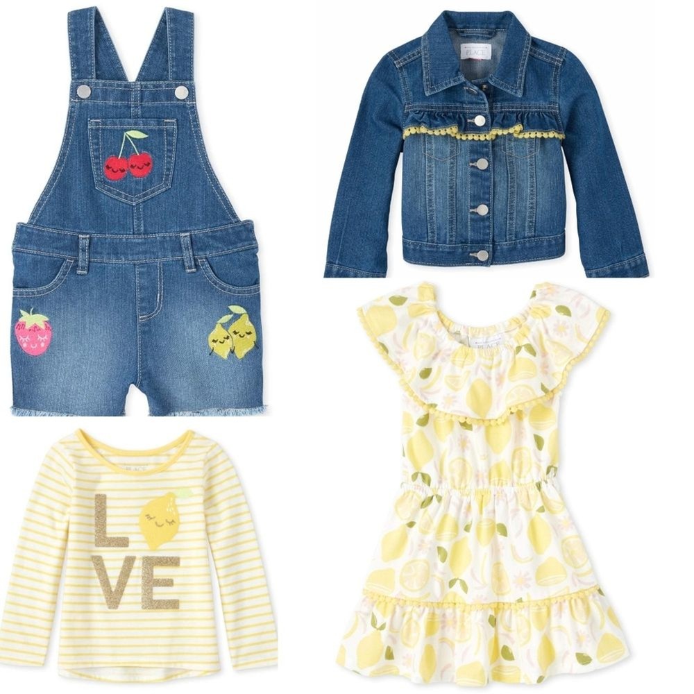 Girls Lemon Overalls, Shirt, Dress, & Jacket 4 Piece Outfit Set 5t