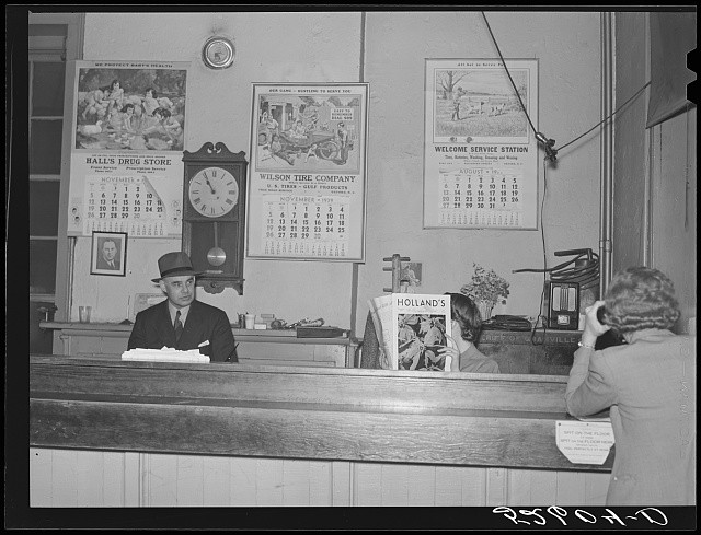 Photo:1930s Drug Store Interior Man at Counter Wall Calendars Portraits