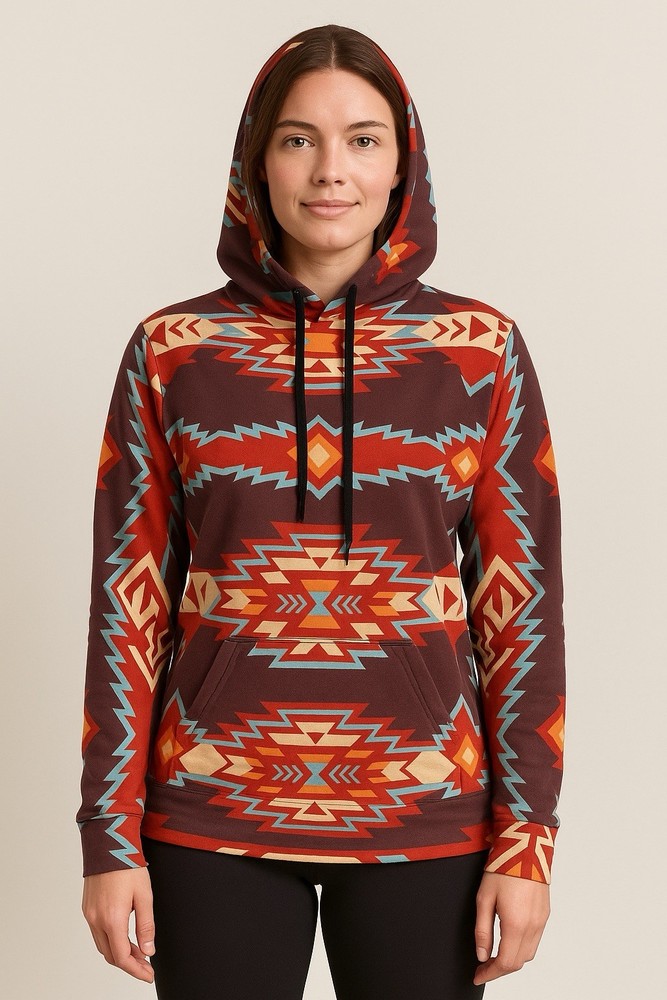 Women’s M Southwestern Aztec Print Lightweight Hoodie Sweatshirt Boho Multicolor