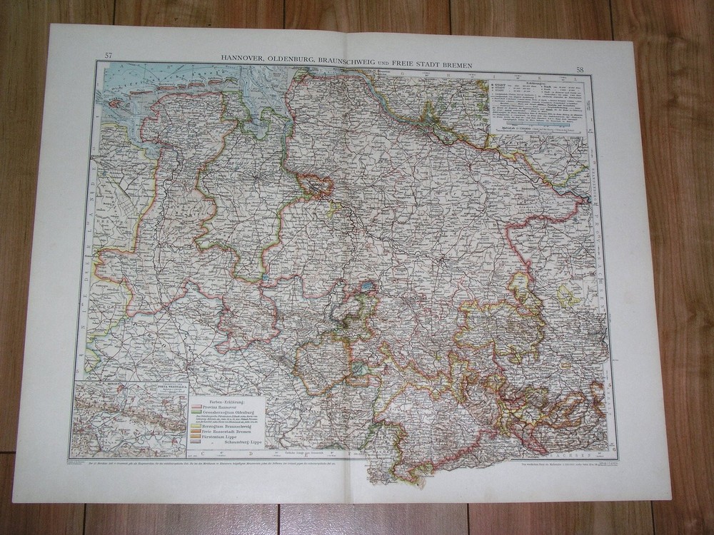 1905 Antique Map Of Lower Saxony Niedersachsen Hanover Bremen Hamburg Germany