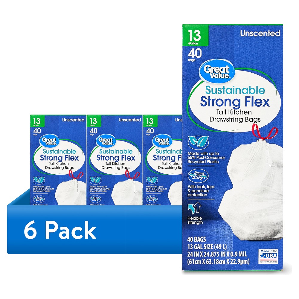 (6 pack) Great Value Sustainable Strong Flex 13-Gallon Drawstring Tall Kitchen