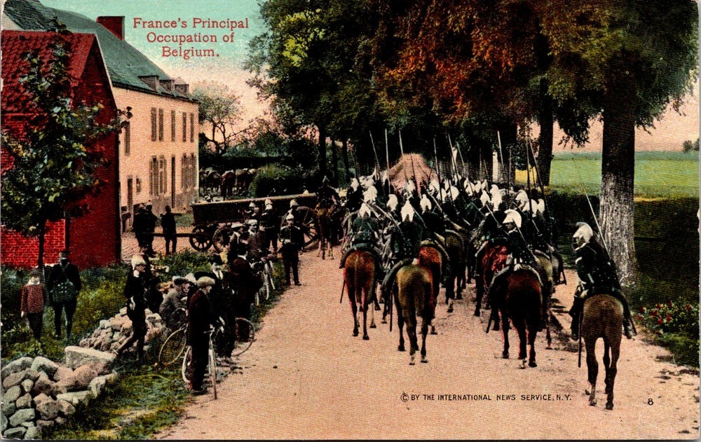 Dr Jim Stamps French Lancers Entering Belgian Village Vintage Postcard
