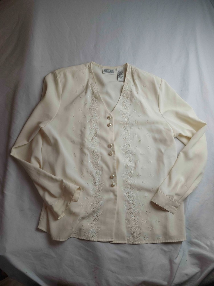 Christie & Jill Blouse Womens Size 14 Ivory Vintage Quiet Luxury Embroidered