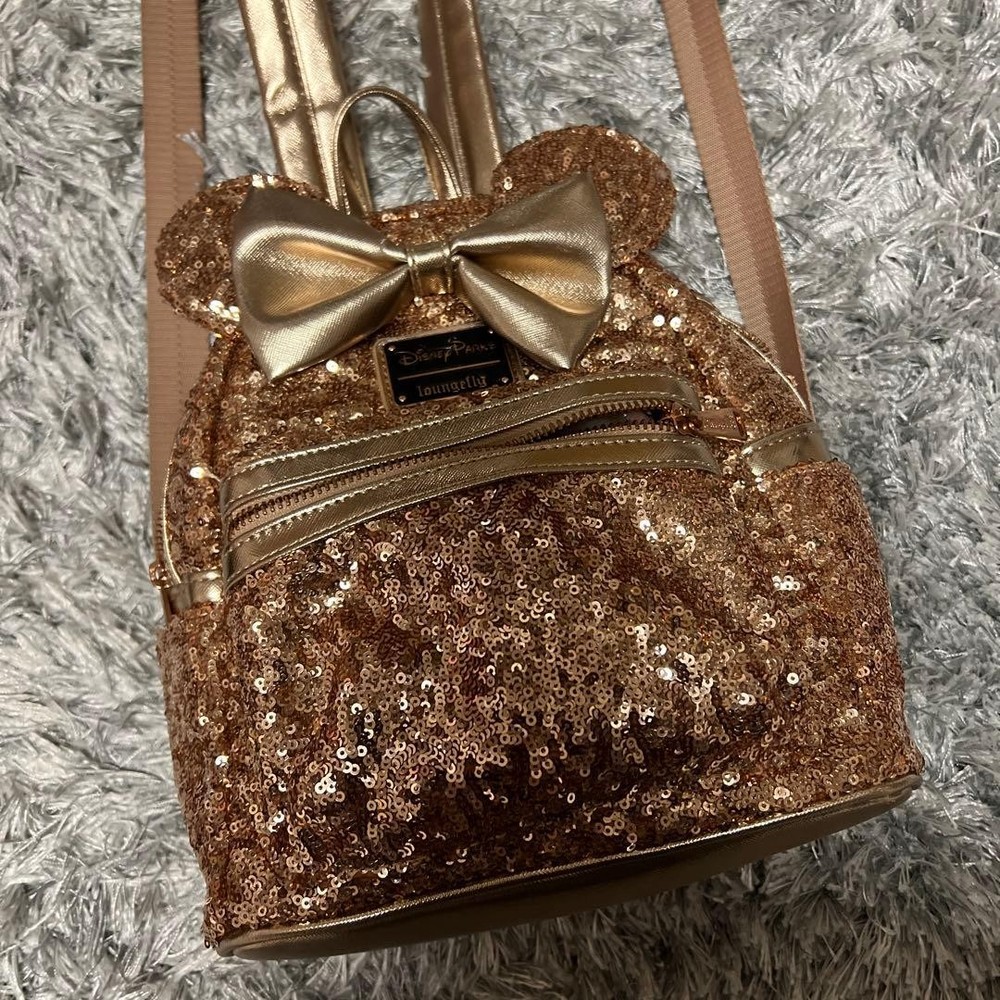 Disney Loungefly Pink Gold Sequin Backpack Shanghai Disney Parks Used