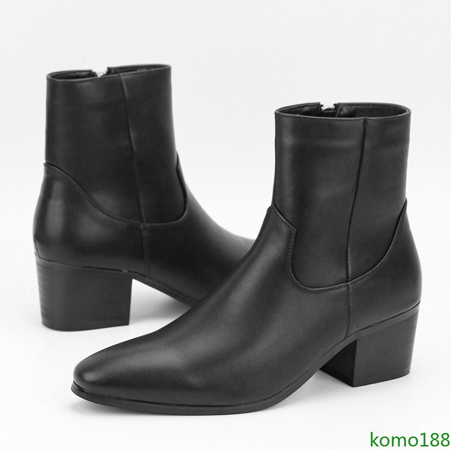 Mens faux Leather high top Cuban Heel Chelsea Pointy Toe Side Zipper Ankle Boots