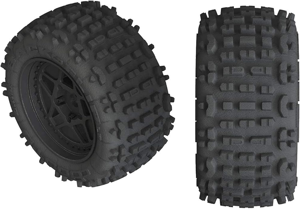 Backflip LP 4S 3.8 RC Truck Tires with Foam Inserts Mounted on Multi-Spoke Black Wheels