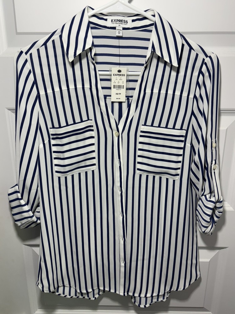 NWT Express Portofino Shirt Women's XS Slim Chic Pinstripe Button-Up Blouse Top