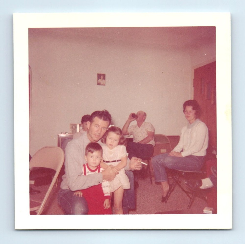 Old Vintage Square Color Photo MEN WOMEN BOY GIRL IN LIVING ROOM SNAPSHOT