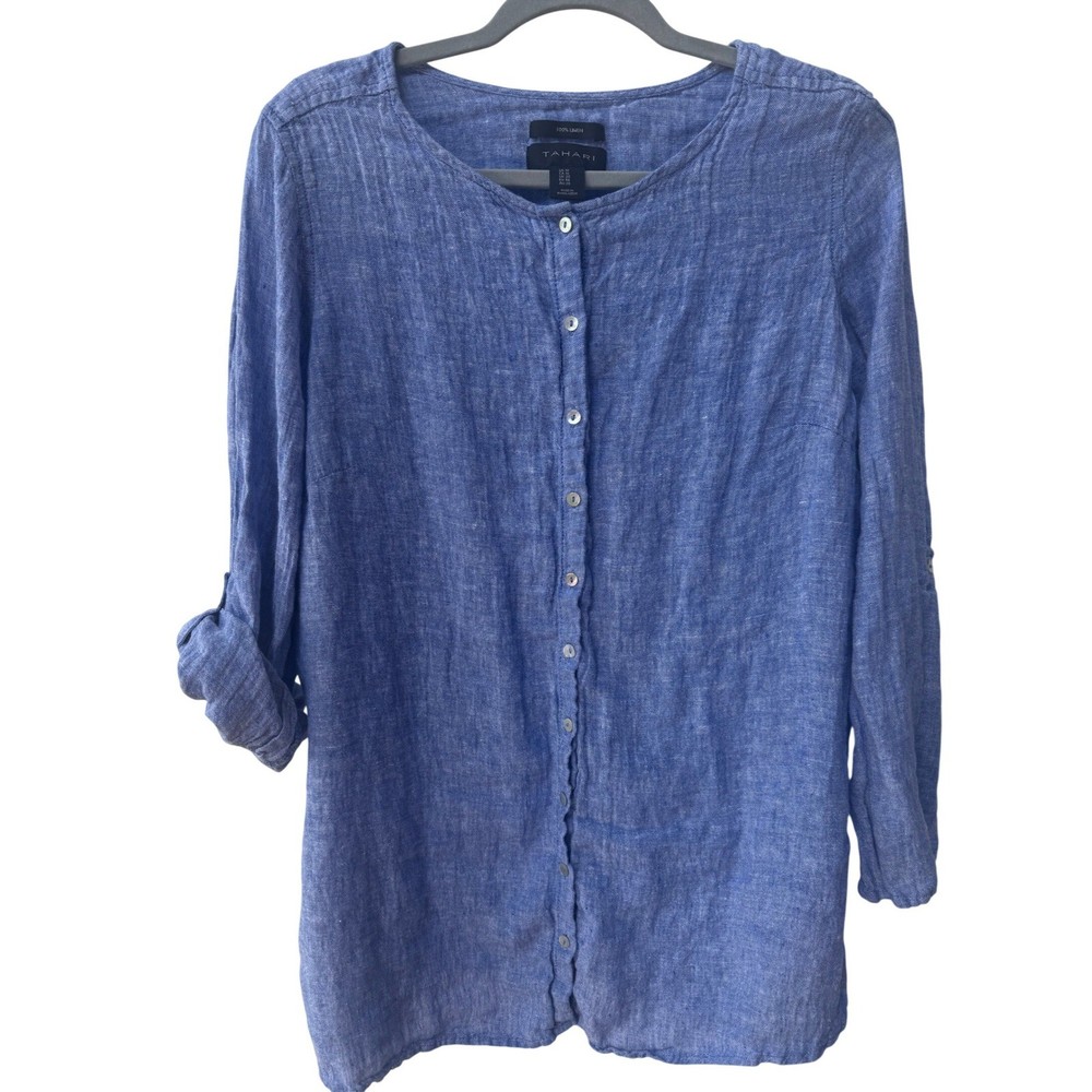 Tahari Womens Linen Button Front Blouse Blue Size 1X Roll Tab Top Lightweight