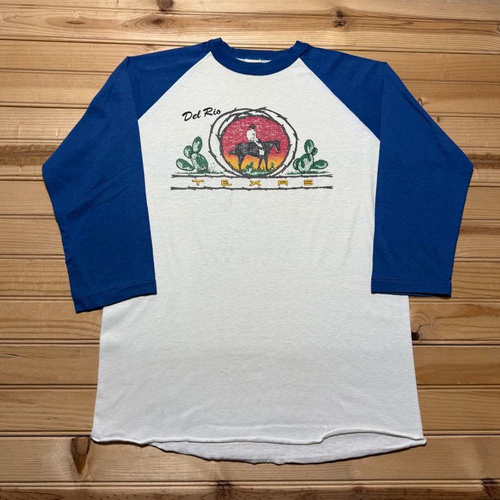 Vintage 80s Del Rio Texas Cowboy Western Rodeo Souvenir Raglan T-Shirt Youth XL