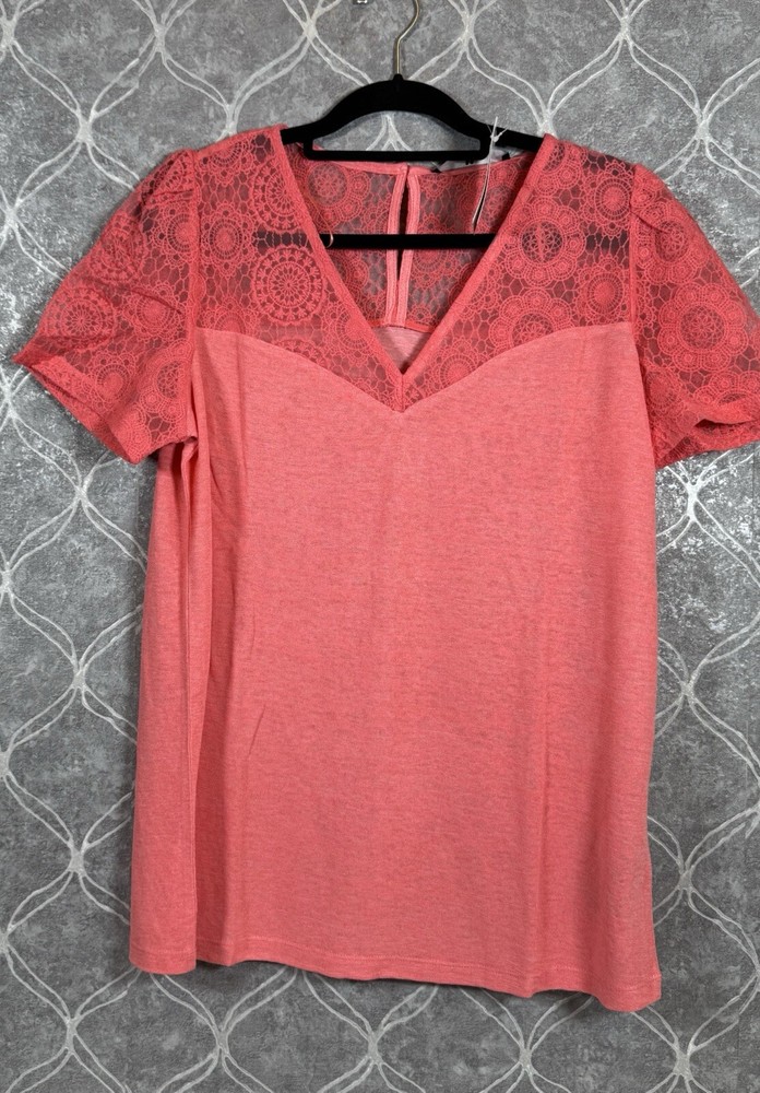 Women's Pink Coral V-Neck T-Shirt Size 14 Soft Cotton Casual Top