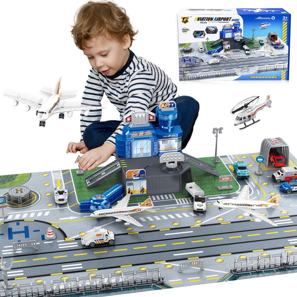 Airplane Toy Set with Trucks, Helicopter, Planes, Signs and Airport Playmat, Int