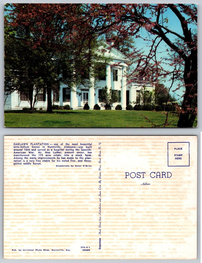 Oaklawn Plantation Huntsville Alabama Postcard Antebellum Home Dextone