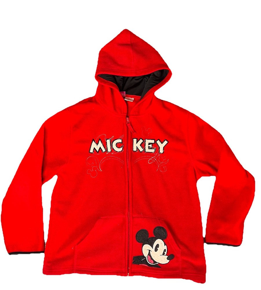 Disney Women's Mickey Mouse Hoodie Size Large Plush Fleece Full Zip Red Sweater