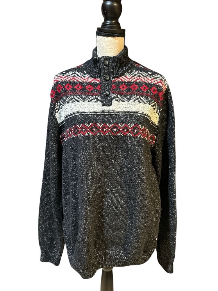 Chaps Gray Mock Neck Fair Isle Button Pullover Men's Heavy Sweater Size 2XL