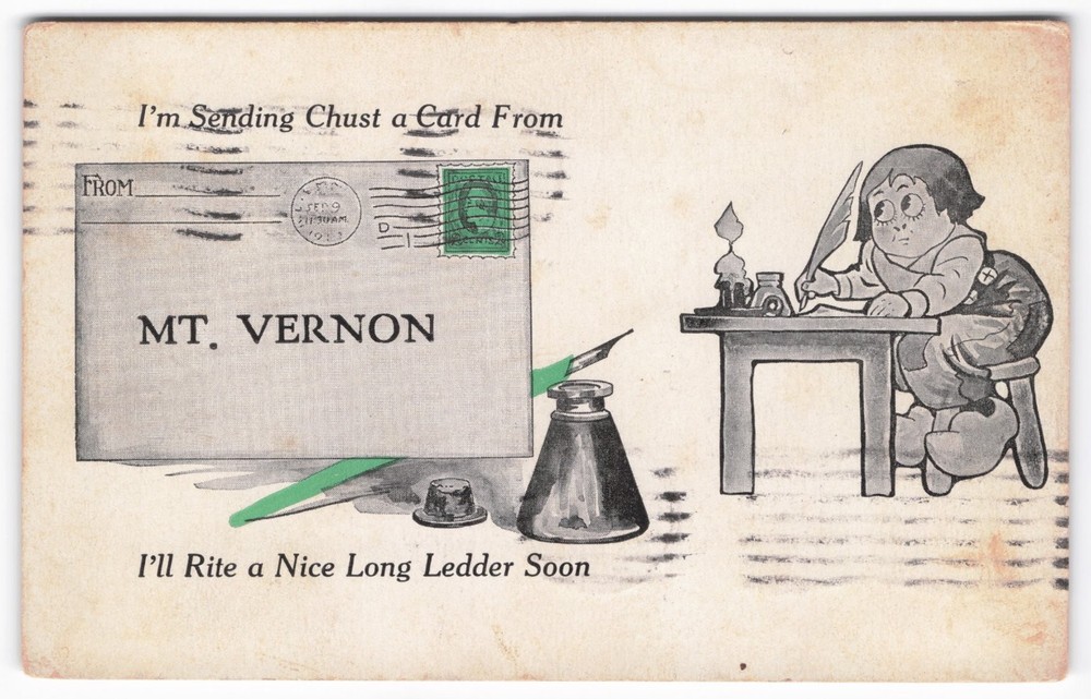1913 Mt Vernon Ill. Dutch Boy Comic Postcard Writing Letter Gnome Divided Back