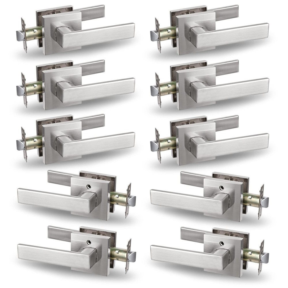 10 Pack Brushed Nickel Square Keyless Passage Door Lever Handles US Standard