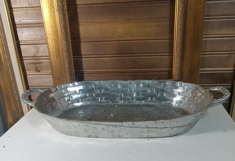 Oval Pewter Basket Weave Serving Tray Centerpiece w/Handles Mexican Cast Vintage