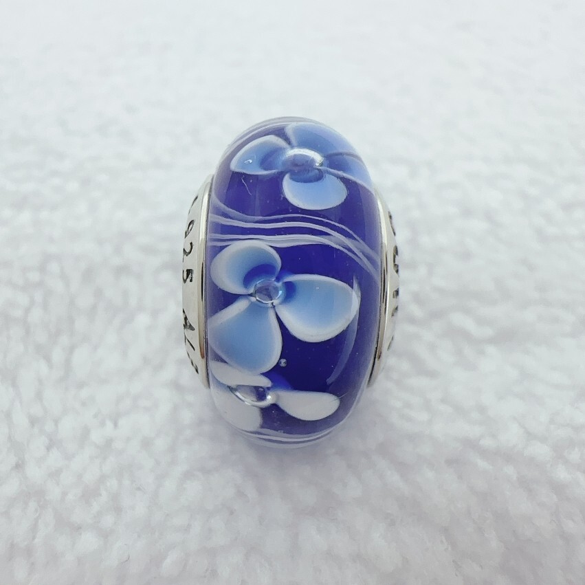 925 Silver Murano Glass Charm Blue Flower European Sliding Bead
